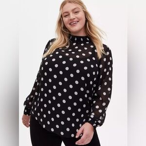 Torrid Chiffon Polka Dot Mock Neck Long Sleeve Blouse Black White Size 2X